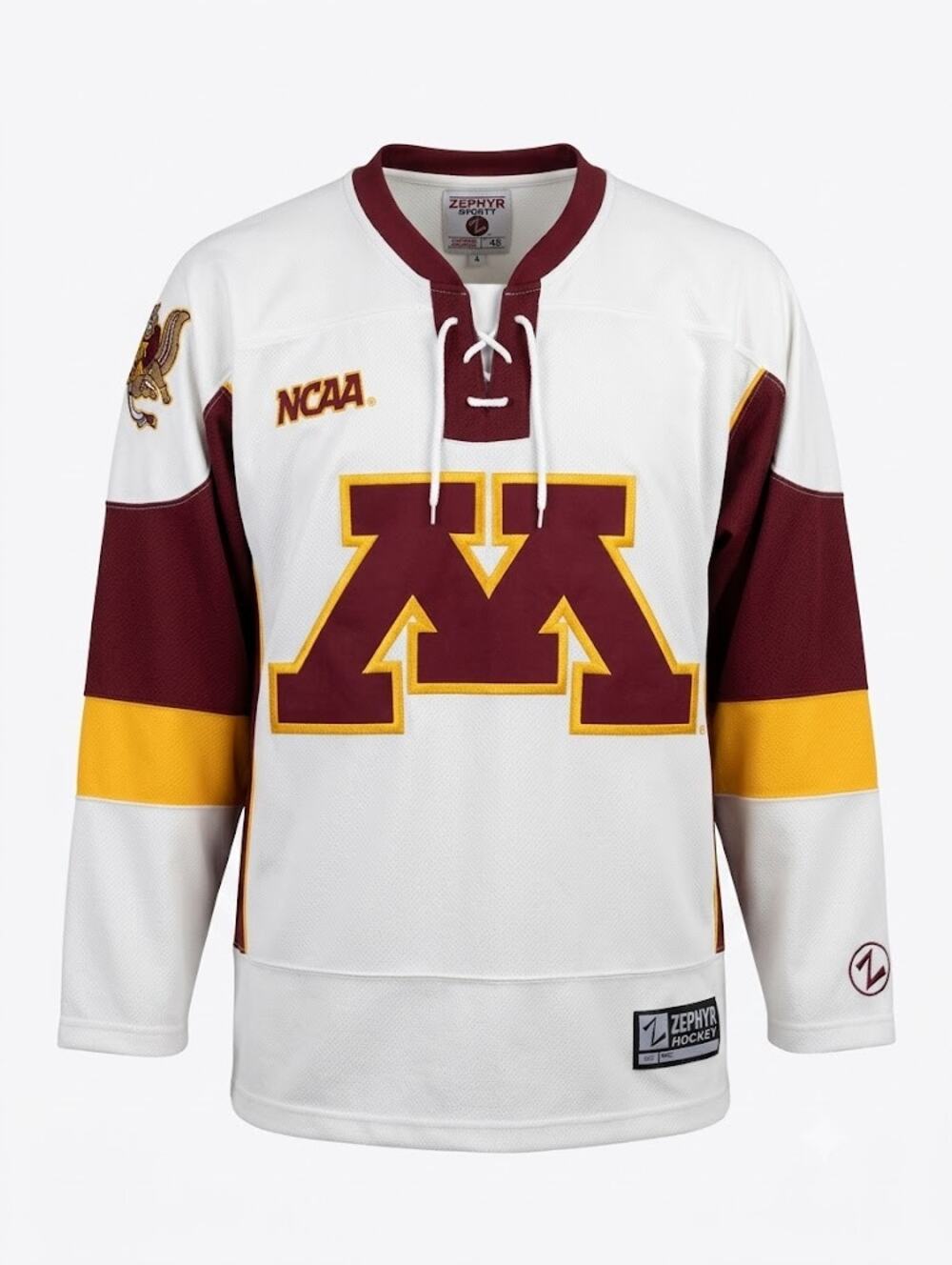 Vtg University of MINNESOTA GOPHERS Zephyr Hockey Jersey White 48 Fight Strap